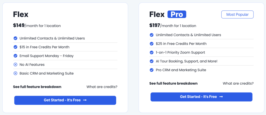 Coworking CRM pricing differences between Flex and Flex Pro